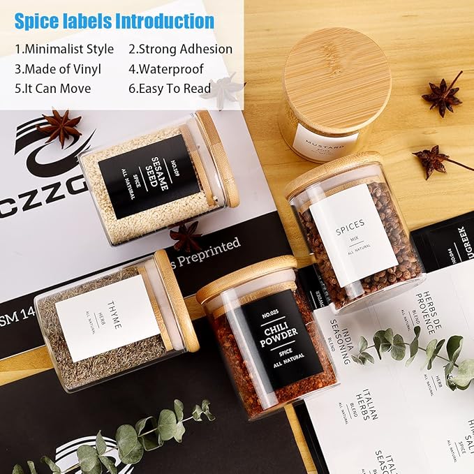 12 Pcs Glass Spice Jars With 296 Spice Labels Preprinted of White and Black Color- 6oz Thicken(2.4mm) Spice Containers With Bamboo Airtight Lids - Empty Small Herb Seasoning Jars-HomvellaHome