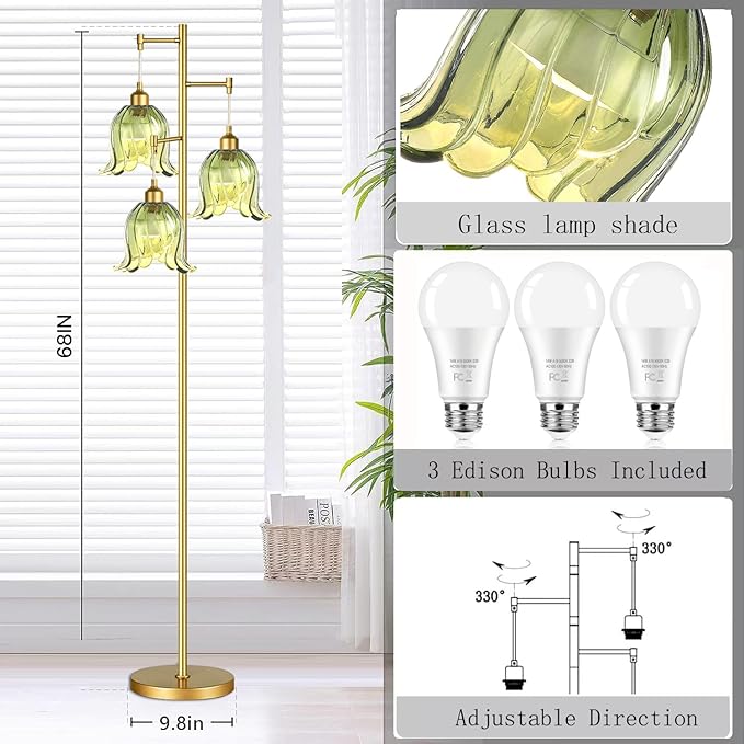 Gold Floor Lamp for Living Room,Bedroom,Tree 3 Light Standing Lamp Mid Century Modern Brass Tall Floor Lamps Vintage Retro Floor Lights Green Glass Flower Lamp Shade Farmhouse Boho Bohemian-HomvellaHome