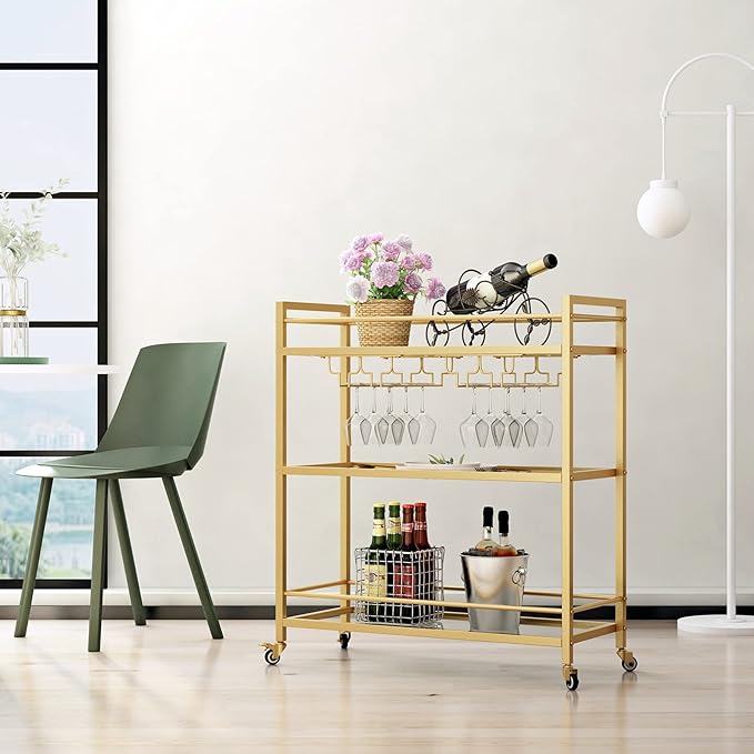 Glass Gold Bar Carts for Home with Hanging Wine Rack - Home Bar Serving Cart with 3 Mirrored Shelves, Kitchen Bar Carts, Wine Cart for Entertaining, Club Party.-HomvellaHome