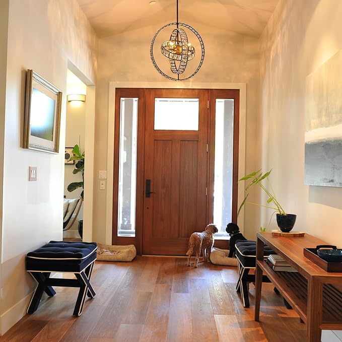 18" Crystal Globe Sputnik Chandelier, 6-Light Black Gold Modern Adjustable Hanging Ceiling Pendant Light Fixture for Entryway Foyer Stairway Bedroom Dining Living Room Hallway-HomvellaHome