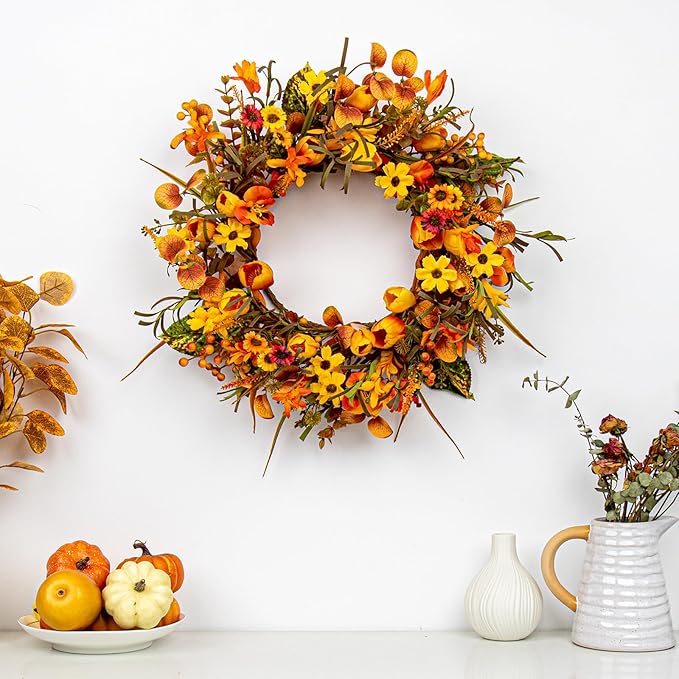 18 Inches Fall Wreaths for Front Door Rustic Autumn Wreath Farmhouse Fall Floral Wreaths with Tulips Phalaenopsis Orange Wildflowers for Wall Window Porch Indoor Outside Decor-HomvellaHome