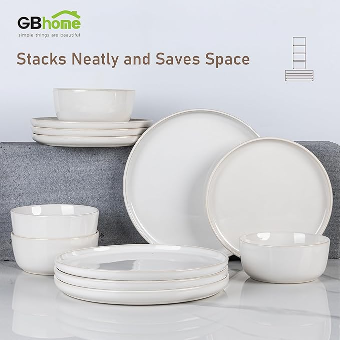 GBHOME Ceramic Dinnerware Sets for 4, 12 Pieces Stoneware Plates and Bowls Sets, Reactive Glaze Dishes -Scratch Resistant, Dishwasher&Microwave Safe-Star White-HomvellaHome