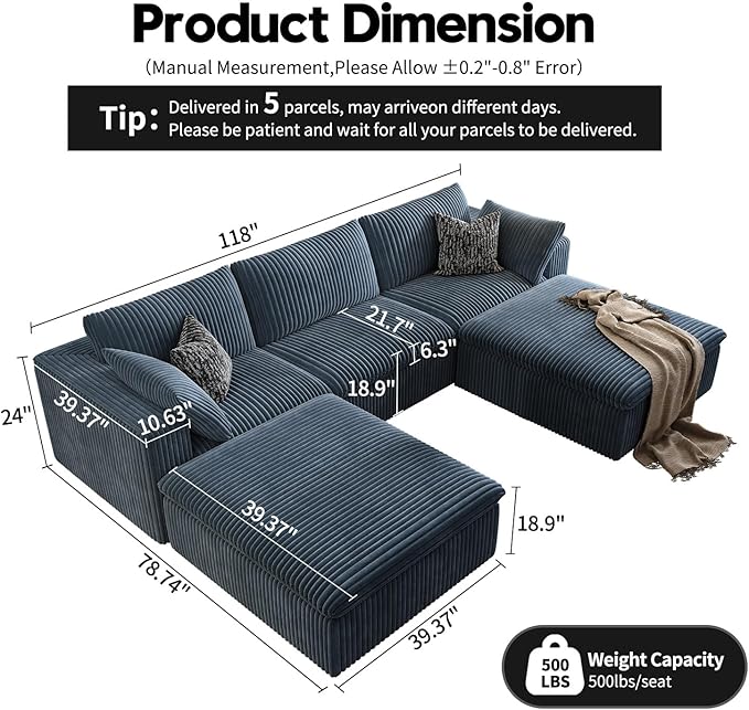 118" Cloud Couch Modular Sectional Sofa for Living Room,Modern Sofa with Deep Seat，U-Shape Boneless Couch with 2 Ottoman,Comfy Upholstered Corduroy Couches for Apartment, Studio, Office,Bedroom，Blue-HomvellaHome