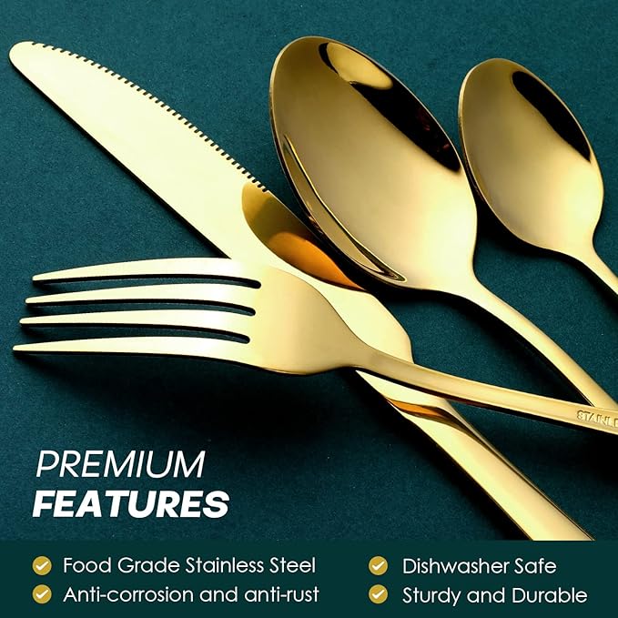 Gold Silverware Set, OGORI 24-Piece Food Grade Stainless Steel Gold Flatware Set, Kitchen Utensil Set Service for 6, Mirror Polished Tableware Cutlery Set for Home and Restaurant, Dishwasher Safe-HomvellaHome