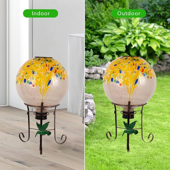 10" Diameter Solar Gazing Ball and 8.5" Metal Stand Indoor Outdoor Yard Art Ornament Coloful Spot Glass Globe Sphere Solar Gazing Balls for Garden,Lawn,Porch,Patio Birthday Gifts for Women,Mom-HomvellaHome