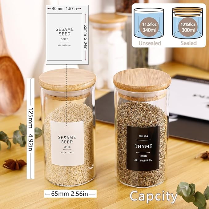 12 Pcs Glass Spice Jars With 296 Spice Labels Preprinted of White and Black Color- 10oz Thicken(2.4mm) Spice Containers With Bamboo Airtight Lids - Empty Small Herb Seasoning Jars-HomvellaHome