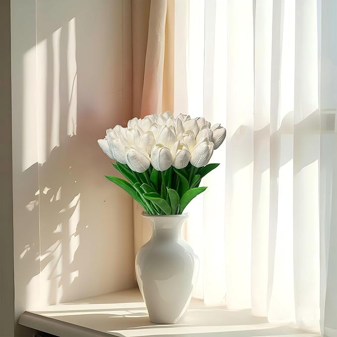 15pcs White Tulips PU Artificial Flowers Real Touch Fake Tulips for Spring Easter Home Kitchen Wedding Bouquet Bulk Mother's Gift Day Decorations-HomvellaHome
