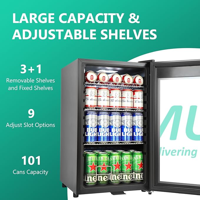 101 Cans Compressor Beverage Refrigerator, 17 Inch Drink Fridge with Glass Door, Adjustable Removable Shelves, Quiet Operation, Temp Memory, Beer Cooler for Soda, Beer, Water, Home Bar, Office-HomvellaHome