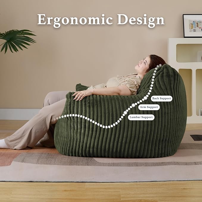 Giant Plush Bean Bag Chair for Adults with Armrests - Oversized Comfy Green Beanbag Lounge Lazy Floor Sofa Accent Chair for Living Room, Bedroom & Dorm, Cozy Fluffy Single Cloud Mini Couch-HomvellaHome