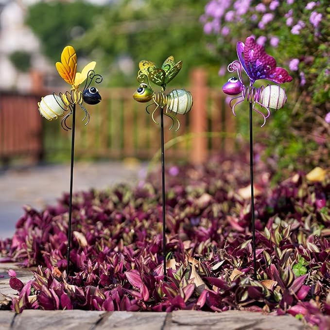 Garden Decor for Outside,3 Pcs Luminous Insect Garden Decorative Stakes,Glow in The Dark Bee Lights Metal Yard Art,Waterproof Outdoor Spring Lawn Patio Pathway Decoration for Mom,Women,Grandma-HomvellaHome