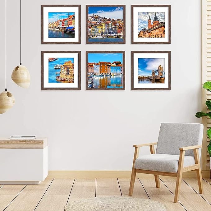 12x12 Picture Frame Set of 6, Display Pictures 8x8 with Mat or 12x12 Without Mat for Wall Mounting,Rustic Brown-HomvellaHome