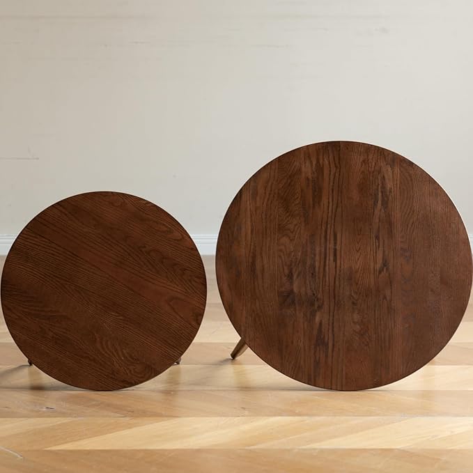 100% Solid Oak Wood Coffee Table Set, Round Coffee Table Combo Side Table w/Solid Wood Legs, Mid Century Table Sturdy Tables for Bedroom Balcony Living Room (Walnut, Big-Medium Combo)-HomvellaHome