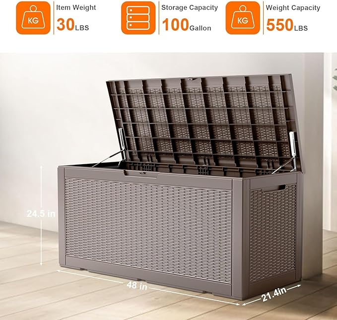 100 Gallon Deck Box Large Outdoor Storage for Patio Furniture,Outdoor Cushions,Garden Tools and Pool Supplies,Waterproof,Resin,Lockable(Grey)-HomvellaHome