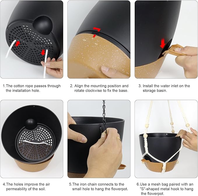 10 inch Self Watering Hanging Planters, 2 Pack Hanging Flower Pots for Indoor Outdoor Plants, Hanging Baskets with Drainage Holes & 2 Kinds of Plant Hangers for Garden Home Decor, Black Brown-HomvellaHome