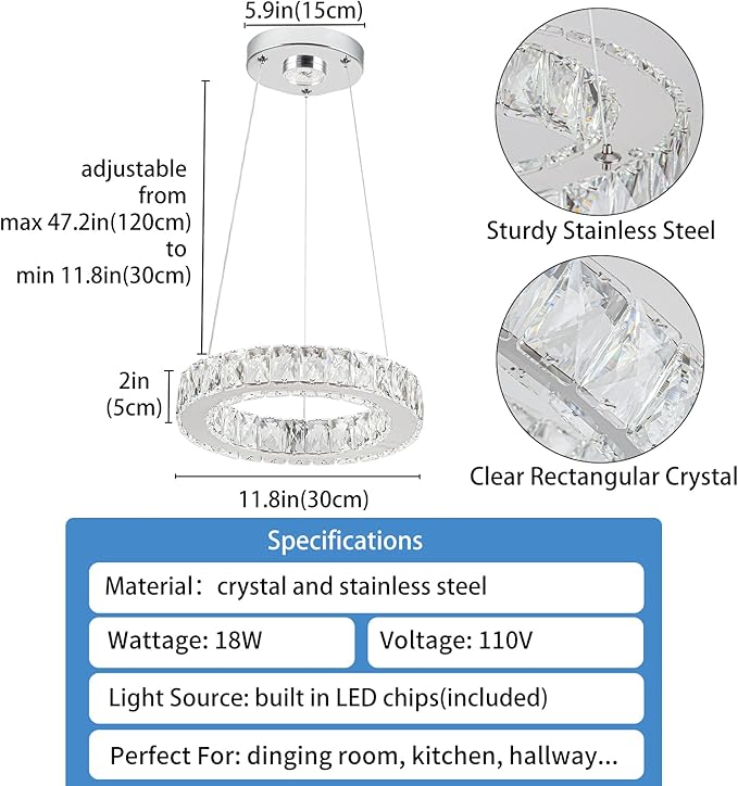 11.8" Crystal Chandelier LED Round Flush Mount Ceiling Light Fixture Modern Hanging Pendant Lighting Mini Ring Chandeliers for Dining Room Kitchen Island Hallway Bathroom (Cool White)-HomvellaHome