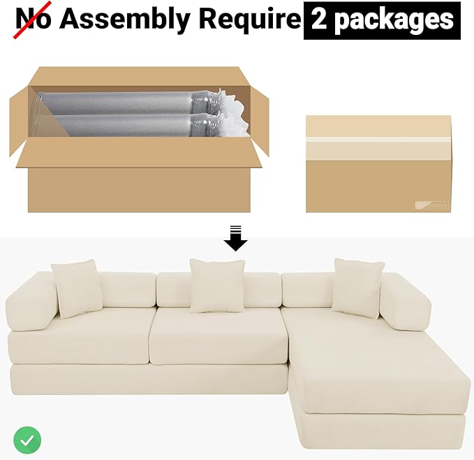 108" Oversized Convertible Sleeper Sofa Bed, Corduroy L Shape Sectional Couch, Folding Sofa Bed with Side Pocket, Modern Cloud Floor Mattress Couch, Modular Sofa for Living Room, Beige-HomvellaHome