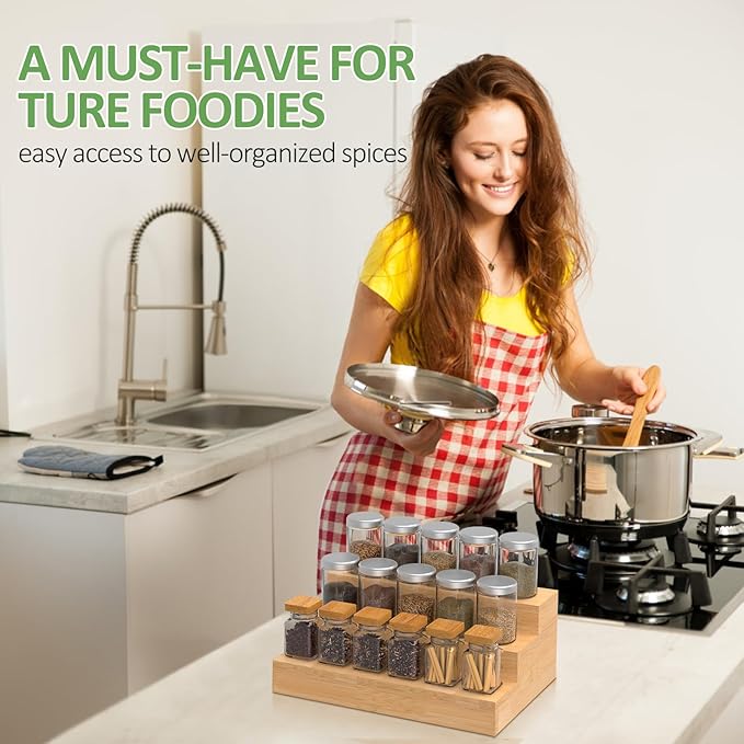 2 Pack Bamboo Spice Rack Organizer for Countertop, 3 Tier Spice Step Shelf for Cabinet (Jars Not Included)-HomvellaHome