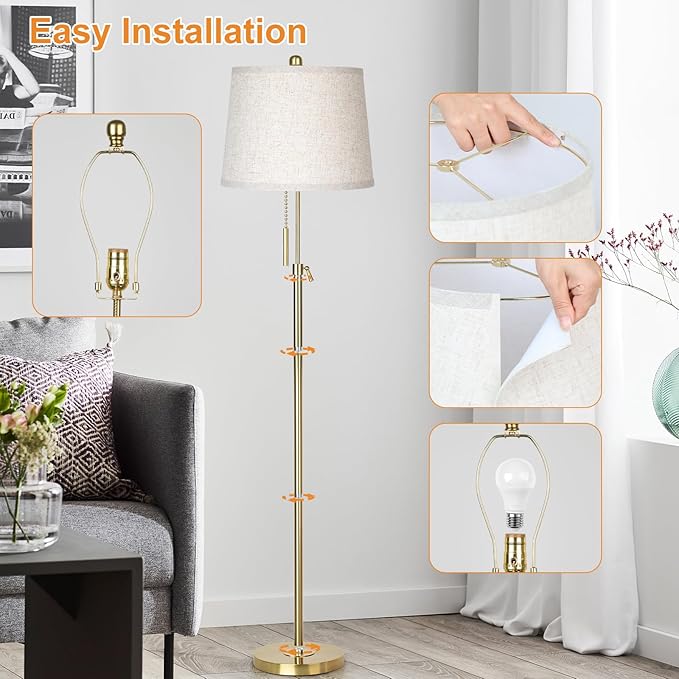 Gold Floor Lamp for Living Room 55-65" Adjustable Modern Brass Standing Lamp with Pull Chain Tall Pole Light with Beige Shade for Bedroom Reading Office Corner Nursery 9W LED Bulb Included 3 ColorTemp-HomvellaHome