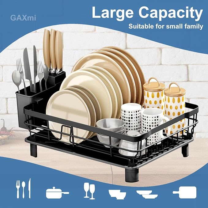 GAXmi Dish Drying Rack Over The Sink Drainer with Drainboard Utensil Holder, 1-Tier Black-HomvellaHome