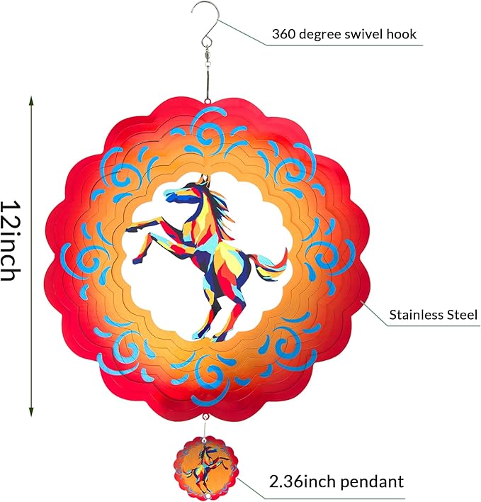 12 inch Horse 3D Stainless Steel Wind Spinners, Hanging Garden Spinner Kinetic Art Garden Decorations, Reflective Wind Sculpture for Indoor/Outdoor Decor-HomvellaHome