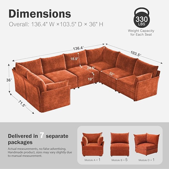 136.4" Oversized Modular Sectional Sofa, U Shaped Convertible Couch with Movable Ottoman, Large 7 Seat Corner Couches for Living Room Deep Seat Terracotta Orange Chenille-HomvellaHome