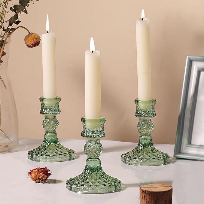 12Pcs Green Candlestick Holders Set- 4" H Taper Candle Holders Bulk, Glass Candle Holders for Wedding, Party, Romantic Dinner Table Centerpieces, Festival Gifts & Windowsill Decor-HomvellaHome