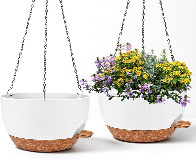 2 Pack 12 Inch Large Hanging Planters with Chains Self Watering White Brown Plastic Hanging Pots for Indoor Outdoor Plants, Garden Porch Home Decor，White Brown-HomvellaHome