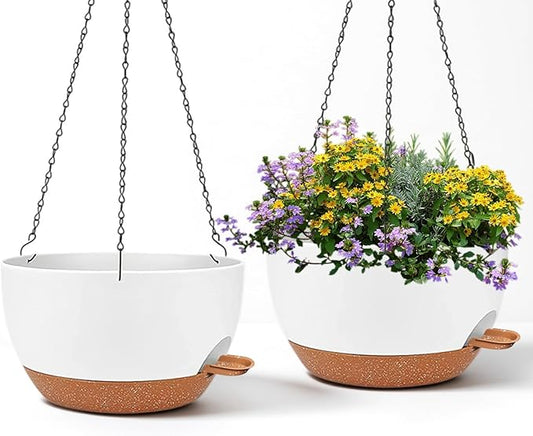 2 Pack 12 Inch Large Hanging Planters with Chains Self Watering White Brown Plastic Hanging Pots for Indoor Outdoor Plants, Garden Porch Home Decor，White Brown-HomvellaHome
