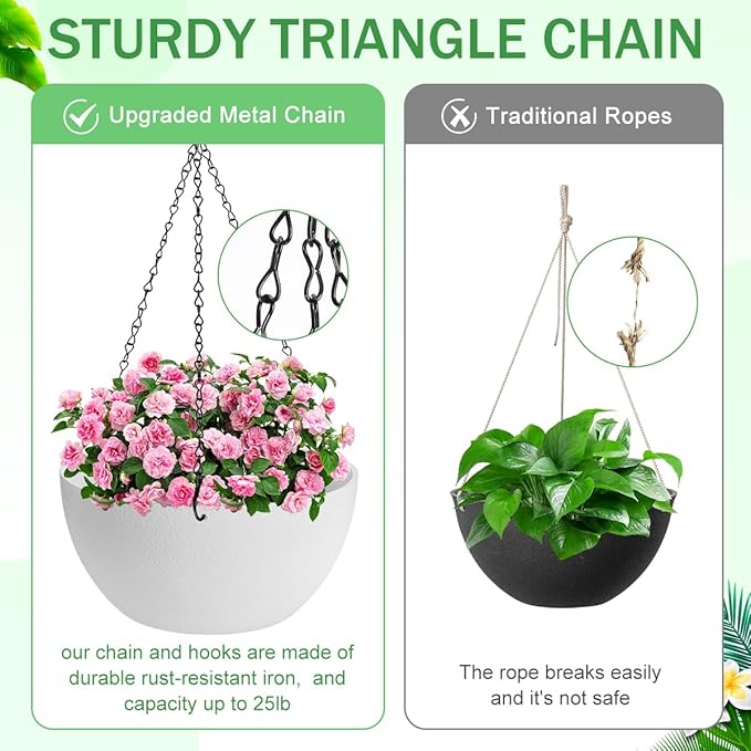 12 inch Hanging Planters for Indoor Plants, 2 Pack Planters for Outdoor Plants with Drainage Holes and Chain, Round Plastic Hanging Baskets, Hanging Flower Pots for Balcony Garden Decor-White-HomvellaHome