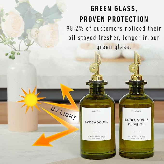 Green Glass Olive Oil Dispenser Bottle For Kitchen By Verpsace,Avocado Oil Dispenser Set, Modern Decor, Gold Kitchen Accessories for Home, Airbnb, Cafe (Gold, Set of 2)-HomvellaHome