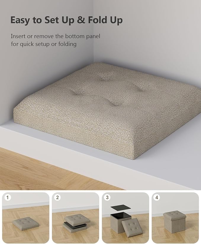 15 Inches Small Folding Storage Ottoman Cube, Storage Footrest, Foot Rest Stool, for Living Room, Bedroom, Dorm, Hallway, Entryway, Sandy Beige-HomvellaHome