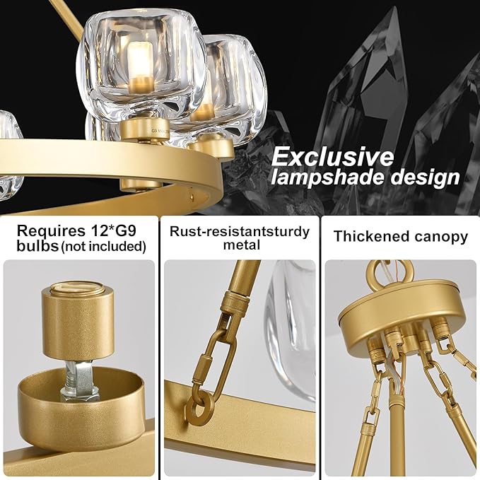 Gold Wagon Wheel Chandelier, 48 Inch Brass Chandeliers with Unique Glass Shade, 12-Light Crystal Large Wagon Wheel Chandeliers for Dining Room, High Ceiling Round Chandelier for Living Room, Foyer-HomvellaHome