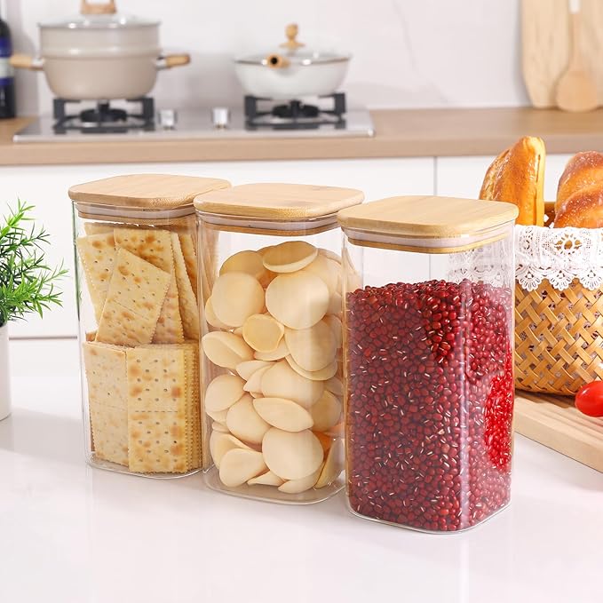 Glass Food Storage Jars with Lids(50oz)Square Set of 3 ,Glass Storage Containers Clear Glass Food Canister with Bamboo Lid Airtight For Serving Tea, Coffee Beans, Flour,Cookie, Cereal,Spice and More-HomvellaHome