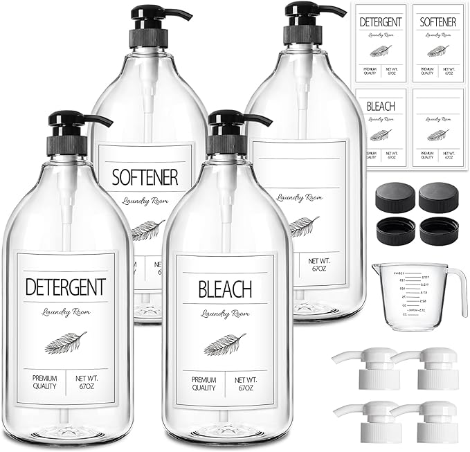 GMISUN Laundry Detergent Soap Dispenser, Liquid Laundry Detergent Dispenser, Container for Farmhouse Room Decor, Organizer for Liquid DetergentSoftenerBleach Storage Bottle(64 Oz Set of 4)-HomvellaHome