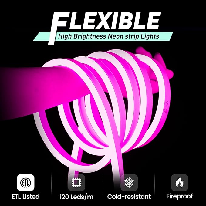 GZBtech Flexible LED Neon Rope Lights 33FT,AC 110-120V Waterproof Strip Light, 120 LEDs/M Cuttable Connectable Neon Lighting for Indoor Outdoor Home Decor/Commercial Building Use-Pink 10M-HomvellaHome