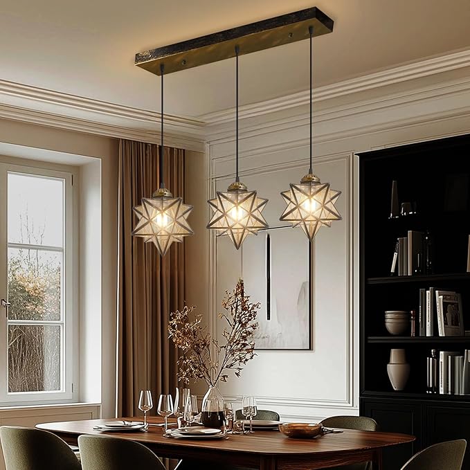 Glam Chandelier 3 Lights Glass Star Pendant Lights for Dining Table Kitchen Island Modern Ceiling Hanging Lights Included LED Warm Light Bulbs Oiled Bronze-HomvellaHome