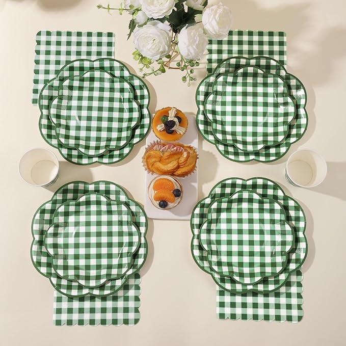 175 Pcs Green Gingham Plates and Napkins Party Supplies - Green and White Checkered Plates Sets Serve 25 Guests - Scalloped Gingham Paper Plate for Birthday Picnic BBQ Golf Party Decorations-HomvellaHome
