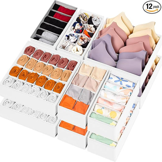 12 Pack Drawer Organizers for Clothing, 116 Large Compartments Fabric Dresser Closet Organizers and Storage Bins for Baby Clothing, Women Men Underwear Socks, Bra, Ties, College Dorm Room Essentials-HomvellaHome