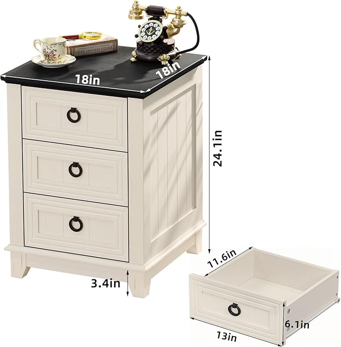 18" Farmhouse Night Stand with 3 Drawers, Wood End Table Dresser for Bedroom, White Nightstand, Bed Side Table with Metal Handle, Bedside Cabinet for Bedroom Living Room, Closet-HomvellaHome