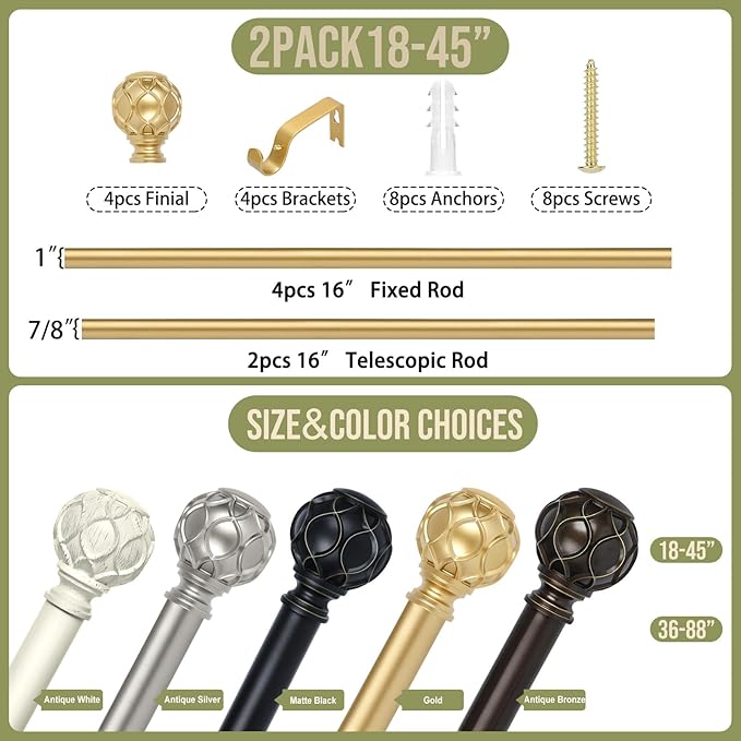 Gold Adjustable Curtain Rods for Windows:Farmhouse Heavy Duty Curtain Rod for Bedroom Living Room,Boho Decorative Rustic Drapery Rod with Vintage Coastal Texture Finial,Brass Gold 2Pack 18-45"-HomvellaHome