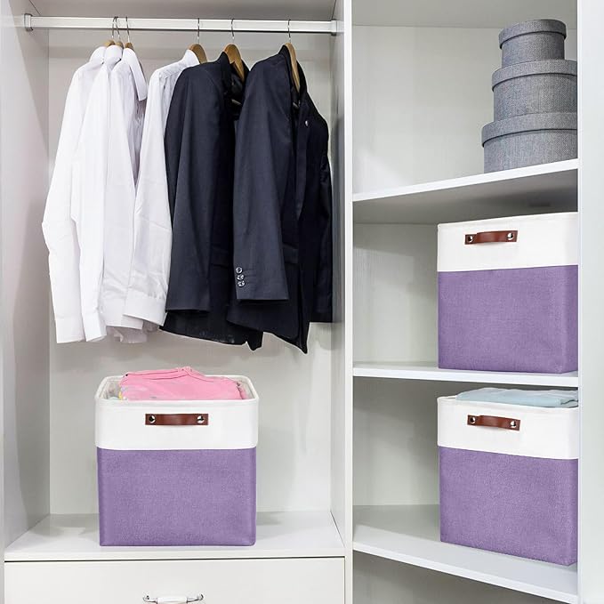 13x13 Cube Storage Bins, Collapsible Fabric Storage Box, 4 Pack Closet Baskets with Handles for Organizing, Shelf, Toys, Clothes, Home, Office, Nursery (Purple&White)-HomvellaHome