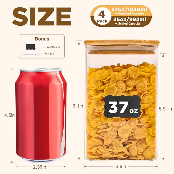 Glass Food Storage Jars Square 37oz, 4 Pack Glass Jars With Bamboo Lids, Kitchen Storage Containers For Spice, Candy, Cookie, Storage For Pantry Organizers-HomvellaHome
