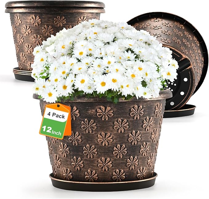 12 Inch Planter Pots for Plants, Plastic Large Flower Pots Indoor Outdoor, 4 Pack Resin Plant Pot with Drainage & Saucer, Retro Decorative Garden Pot with Removable Trays for House-HomvellaHome
