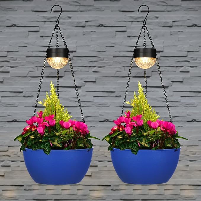 2 Packs Solar Hanging Basket Planters for Plants Outdoor, Self Watering Blue Flower Plants Pots with Solar Light Drainer for Balcony Patio Garden Outdoor Decoration-HomvellaHome