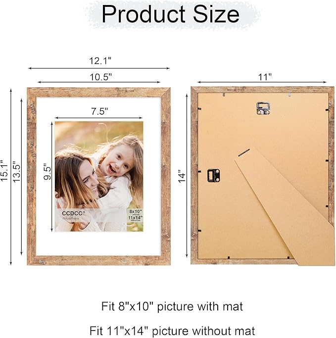 11x14 Picture Frame Set of 4, 11 x 14 Wood Photo Frames with Mat for 8x10, Natural Wooden Frame with Real Glass Cover for Wall and Tabletop Display,Brown-HomvellaHome