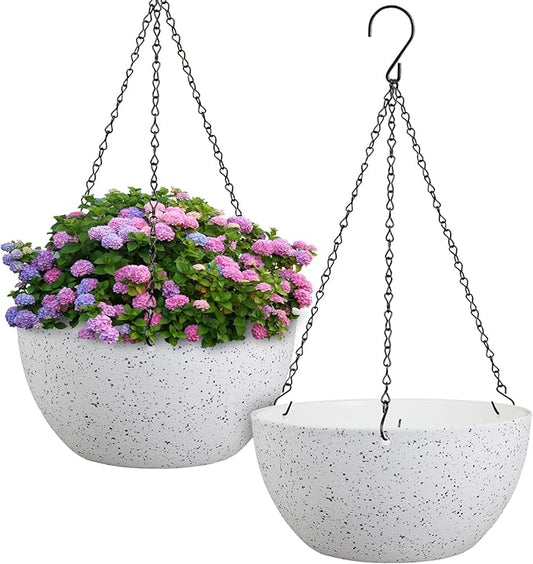 12 inch Large Hanging Planters for Indoor Outdoor Plants, 2 Pack Hanging Flower Pots with Drainage Holes and Chain for Garden Porch, Plastic Hanging Baskets for House Plants, Speckled White-HomvellaHome