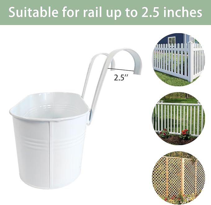 10" Hanging Flower Pots, Pack of 4 White Metal Outdoor Patio Balcony Planter, Railing Planters Fence Pot with Detachable Hook & Drainage Hole for Small Plants (White, 4Pcs)-HomvellaHome