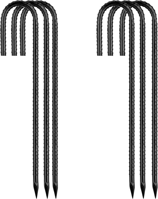 Ground-Stakes-Heavy-Duty-12 inch, J-Hook Rebar Stakes Black Coated Anti-Rust 6pcs Garden Stakes Metal Ground Anchors for Garden Dog Fence Chicken Coop Christmas Decorations Deer Fence-HomvellaHome