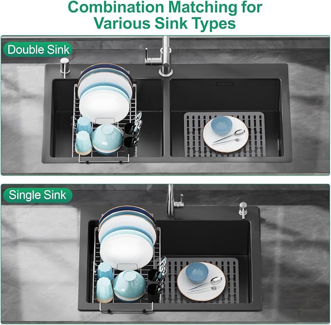 GSlife Expandable Dish Drying Rack - Stainless Steel Capacity Adjustable Over The Sink Rack (10.8''-17.9'') with Sink Mat, Dish Drainer for Kitchen Sink Counter with Utensil Holder, Silver-HomvellaHome