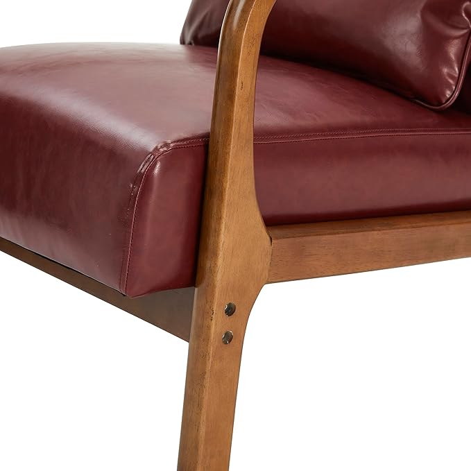 Glitzhome 2 Set Mid Century Red Accent Armchair, Single Reading Armchair PU Leather Lounge Chair with Walnut Ruberwood Frame-HomvellaHome